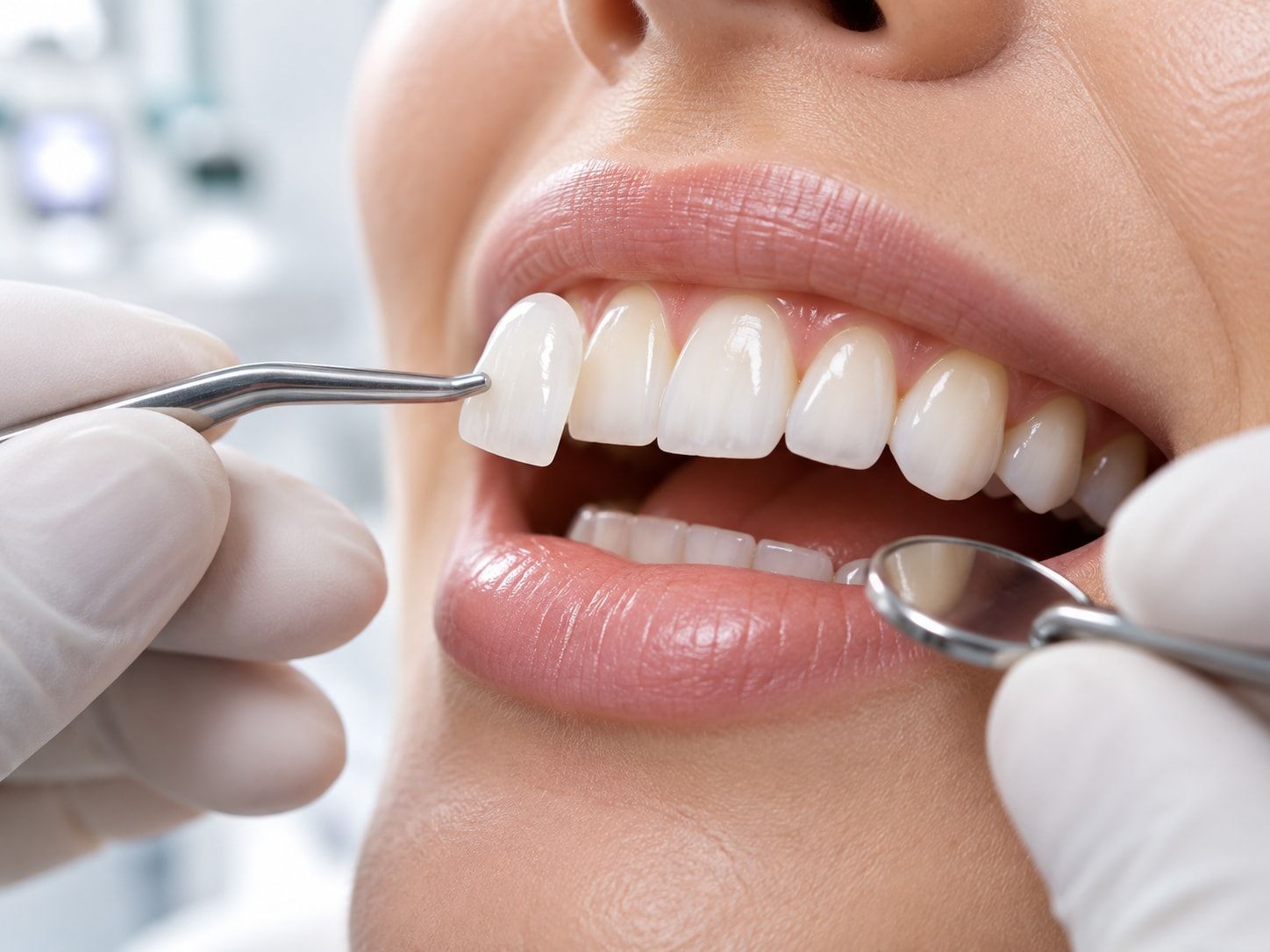 Facetas de porcelana sendo posicionadas sobre os dentes