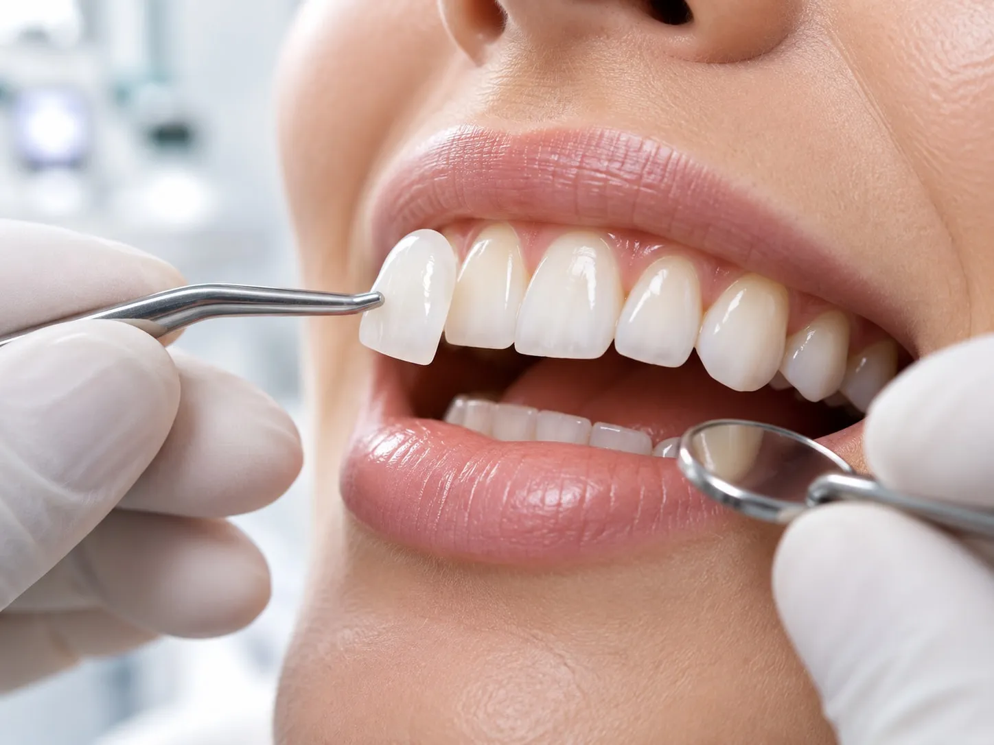 Facetas de porcelana sendo posicionadas sobre os dentes