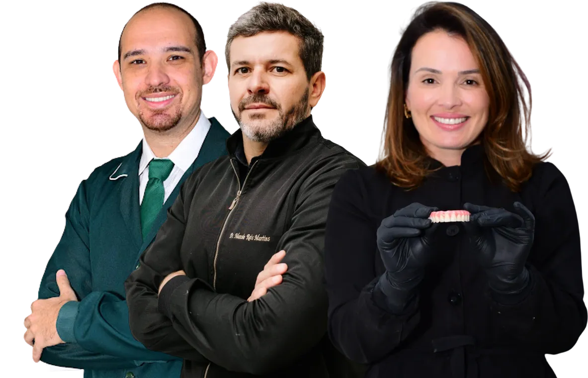 Dr. Matheus Araujo Campos, Dr. Marcelo Reis Martins e Dra. Cíntia Rezende, a equipe de dentistas da Oral Sin Cabreúva