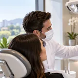 Dentista mostrando a radiografia panorâmica para a paciente na consulta de avaliação