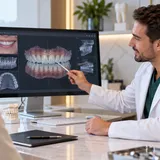 Dentista apresentando na tela o planejamento digital do tratamento para a paciente
